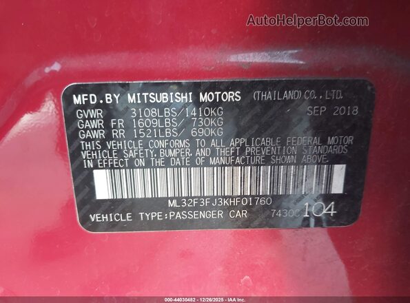 ML32F3FJ3KHF01760 2019 MITSUBISHI MIRAGE G4 Красный Вид подкапотного пространства