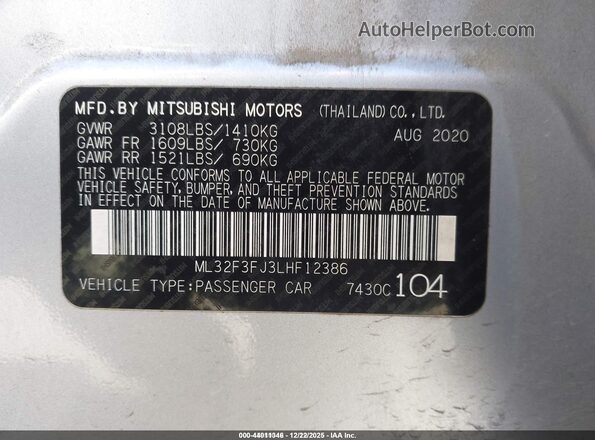 ML32F3FJ3LHF12386 2020 MITSUBISHI MIRAGE G4 Silver Widok komory silnika