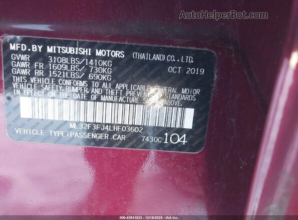ML32F3FJ4LHF03602 2020 MITSUBISHI MIRAGE G4 Burgundy Widok komory silnika