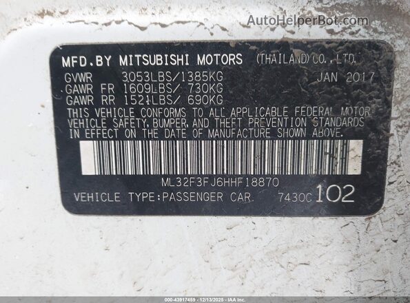 ML32F3FJ6HHF18870 2017 MITSUBISHI MIRAGE G4 Белый Вид подкапотного пространства