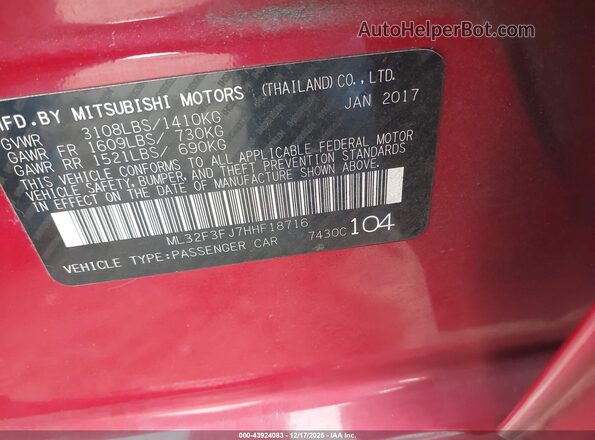 ML32F3FJ7HHF18716 2017 MITSUBISHI MIRAGE G4 Красный Вид подкапотного пространства
