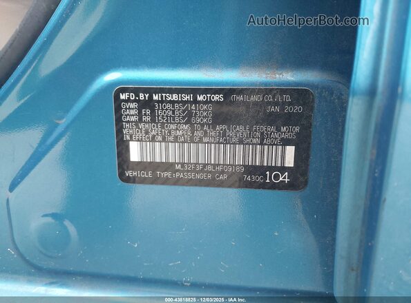 ML32F3FJ8LHF09189 2020 MITSUBISHI MIRAGE G4 Blue Vista del compartimento del motor