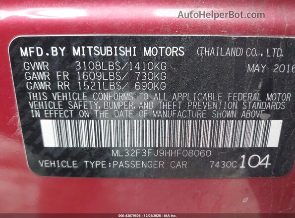 ML32F3FJ9HHF08060 2017 MITSUBISHI MIRAGE G4 Red Widok komory silnika