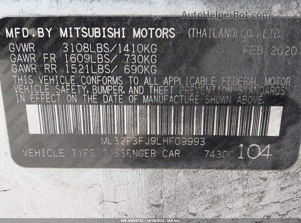 ML32F3FJ9LHF09993 2020 MITSUBISHI MIRAGE G4 White Вид підкапотного простору
