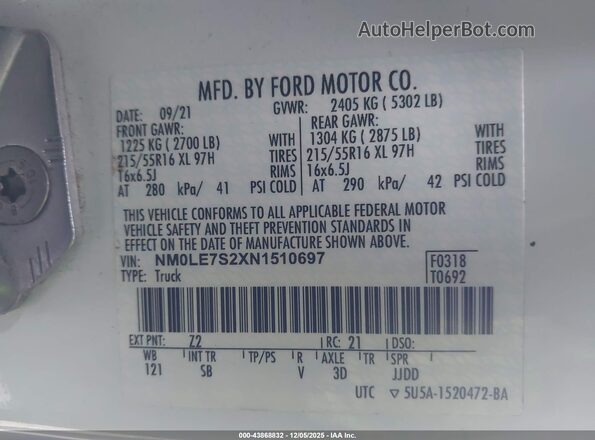 NM0LE7S2XN1510697 2022 FORD TRANSIT CONNECT Белый Вид подкапотного пространства