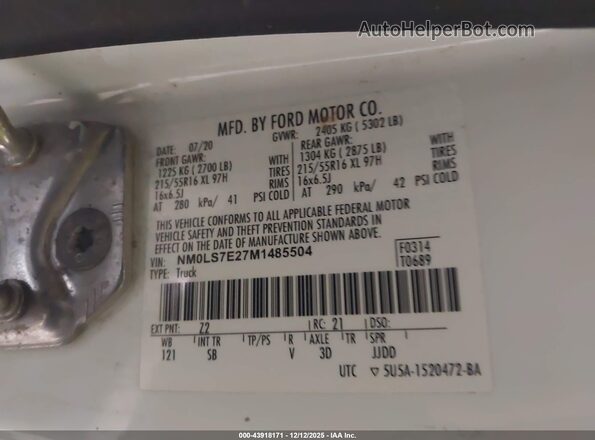 NM0LS7E27M1485504 2021 FORD TRANSIT CONNECT White Vista del compartimento del motor