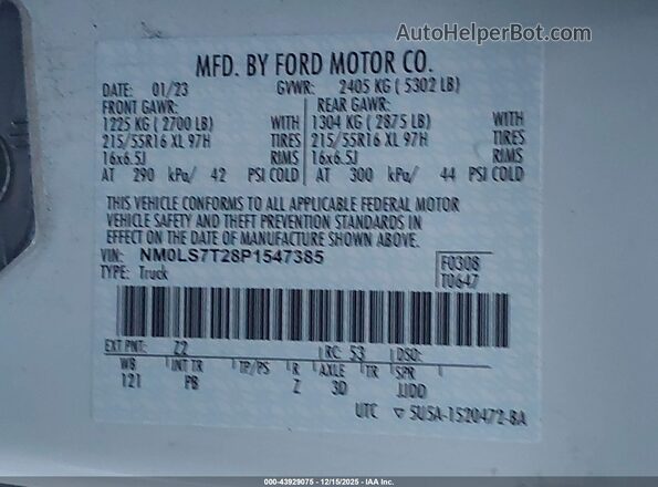 NM0LS7T28P1547385 2023 FORD TRANSIT CONNECT White Vista del compartimento del motor