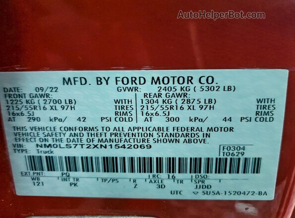 NM0LS7T2XN1542069 2022 FORD TRANSIT Red Вид наклейки з VIN-кодом