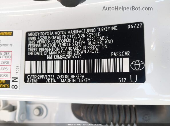 NMTKHMBX2NR145773 2022 TOYOTA LIMITED Белый Вид подкапотного пространства