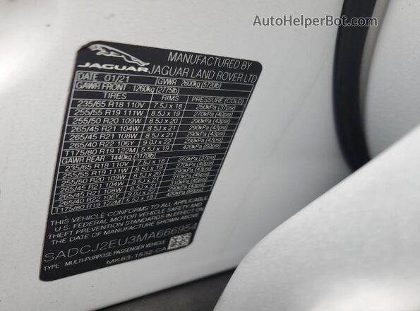 SADCJ2EU3MA666954 2021 JAGUAR F-PACE Белый Вид наклейки с VIN-кодом