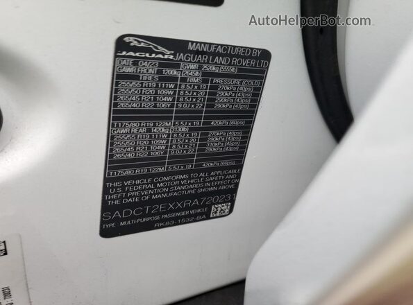 SADCT2EXXRA720231 2024 JAGUAR F-PACE White Vista de la etiqueta del VIN