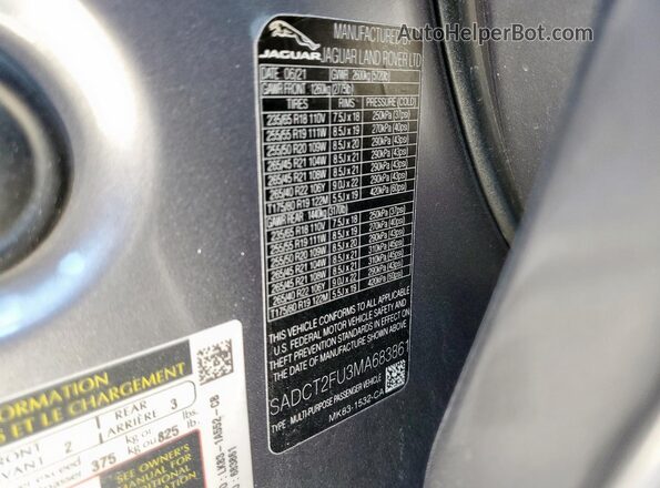 SADCT2FU3MA683861 2021 JAGUAR F-PACE Серебряный Вид наклейки с VIN-кодом