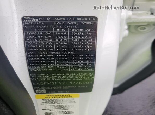 SADFK2FX2L1Z75994 2020 JAGUAR E-PACE White VIN sticker view