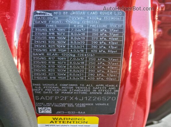 SADFP2FX4J1Z26570 2018 JAGUAR E-PACE Red VIN კოდის სტიკერის ხედი
