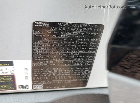 SADHD2S16L1F80269 2020 JAGUAR I-PACE Gray Вид наклейки з VIN-кодом