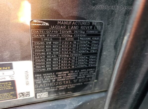 SADHD2S1XL1F85541 2020 JAGUAR I-PACE Серый Вид наклейки с VIN-кодом