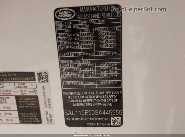 SAL119E90SA445955 2025 LAND ROVER RANGE ROVER SPORT White Widok komory silnika