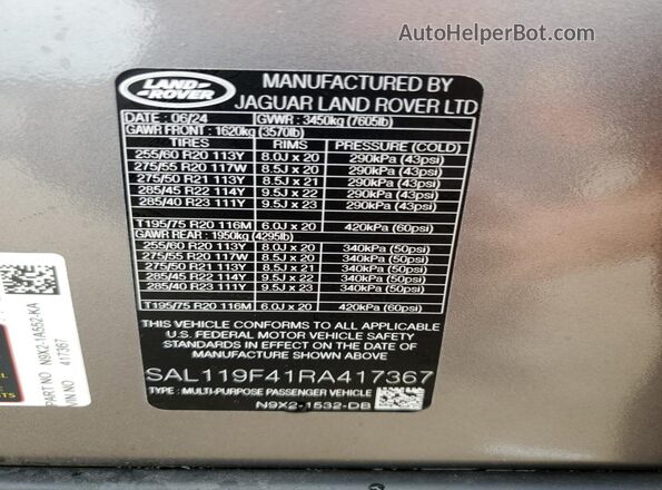 SAL119F41RA417367 2024 LAND ROVER RANGE Gray VIN კოდის სტიკერის ხედი