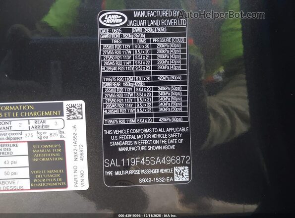 SAL119F45SA496872 2025 LAND ROVER RANGE ROVER SPORT Black Widok komory silnika