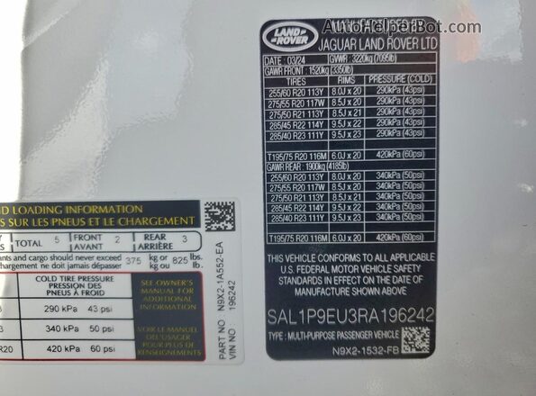 SAL1P9EU3RA196242 2024 LAND ROVER RANGE Белый Вид наклейки с VIN-кодом