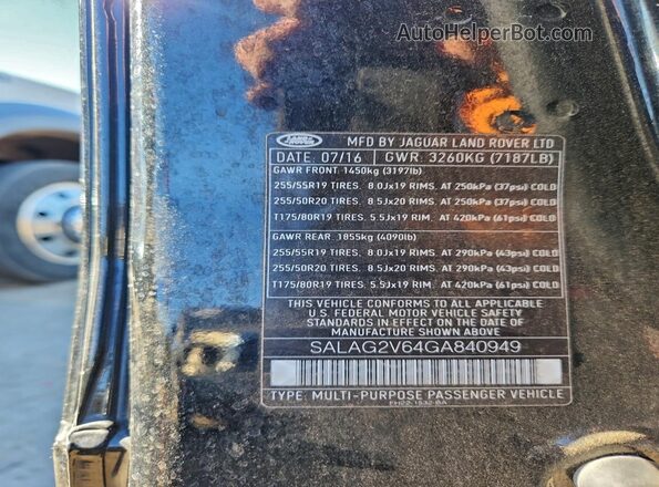 SALAG2V64GA840949 2016 LAND ROVER LR4 Black VIN კოდის სტიკერის ხედი