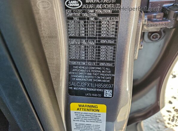 SALCJ2FX1LH858697 2020 LAND ROVER DISCOVERY Серебряный Вид наклейки с VIN-кодом
