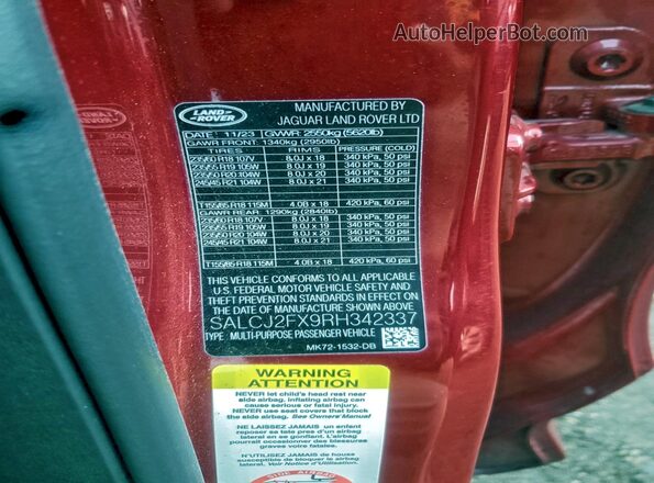 SALCJ2FX9RH342337 2024 LAND ROVER DISCOVERY Красный Вид наклейки с VIN-кодом