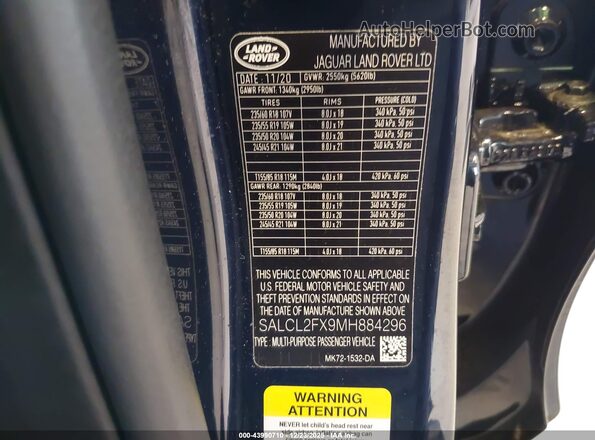 SALCL2FX9MH884296 2021 LAND ROVER DISCOVERY SPORT Blue Vista del compartimento del motor