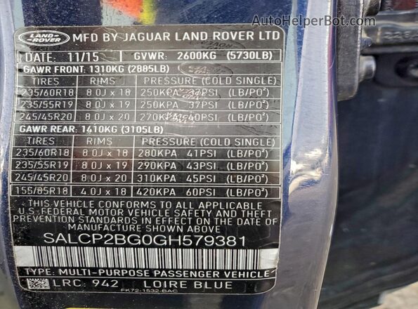 SALCP2BG0GH579381 2016 LAND ROVER DISCOVERY Blue 360 interior view