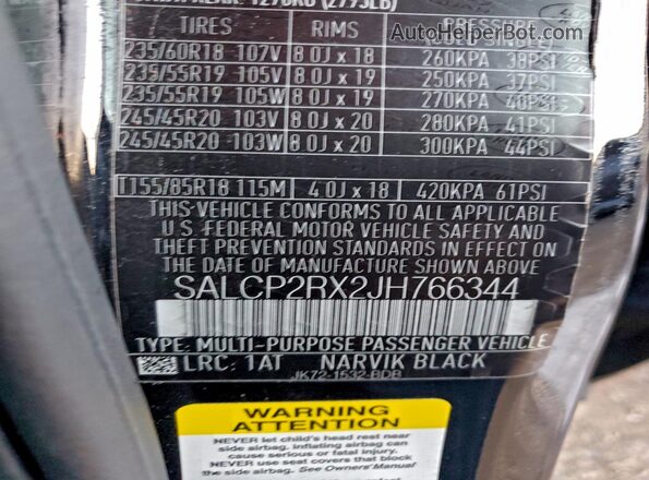 SALCP2RX2JH766344 2018 LAND ROVER DISCOVERY Black VIN კოდის სტიკერის ხედი