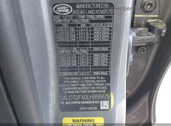 SALCT2FX0LH855879 2020 LAND ROVER DISCOVERY SPORT Gray Vista del compartimento del motor