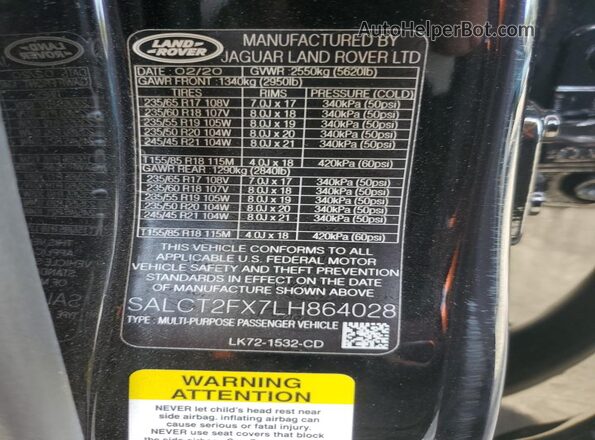 SALCT2FX7LH864028 2020 LAND ROVER DISCOVERY Black VIN კოდის სტიკერის ხედი