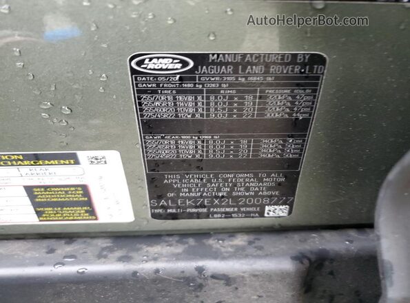 SALEK7EX2L2008777 2020 LAND ROVER DEFENDER Зеленый Вид наклейки с VIN-кодом