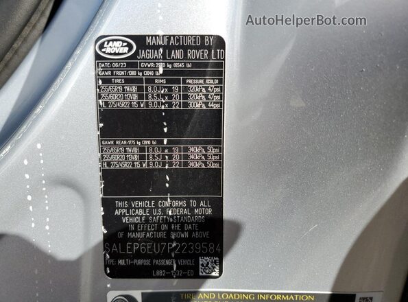 SALEP6EU7P2239584 2023 LAND ROVER DEFENDER Серебряный Вид наклейки с VIN-кодом