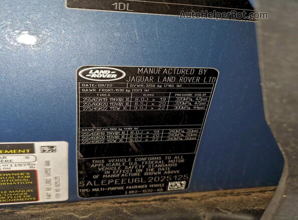 SALEPEEU6L2025125 2020 LAND ROVER DEFENDER Blue VIN კოდის სტიკერის ხედი