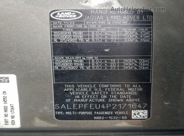 SALEPFEU4P2171647 2023 LAND ROVER DEFENDER Gray VIN კოდის სტიკერის ხედი