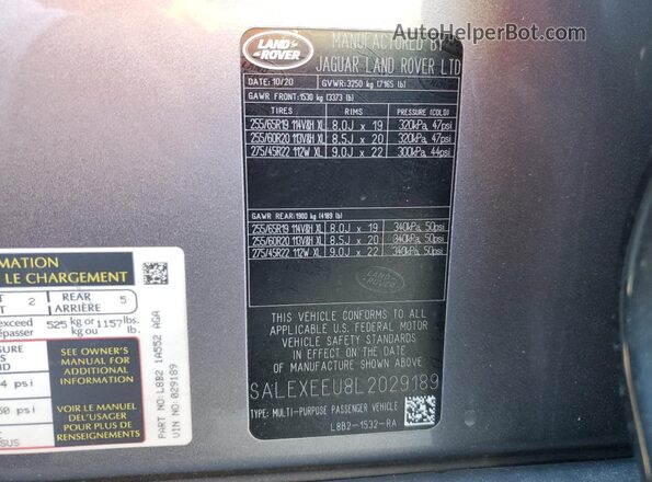 SALEXEEU8L2029189 2020 LAND ROVER DEFENDER Gray Widok naklejki z numerem VIN