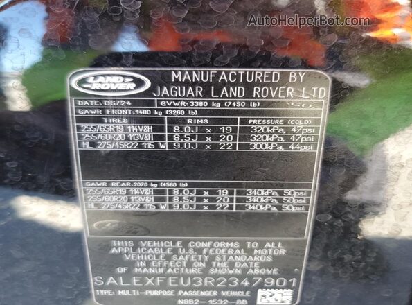 SALEXFEU3R2347901 2024 LAND ROVER DEFENDER Black VIN კოდის სტიკერის ხედი