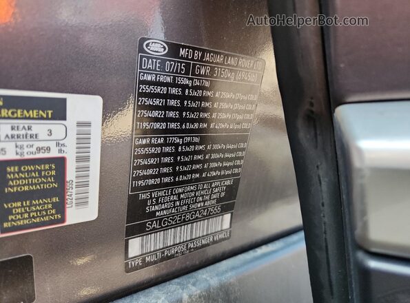 SALGS2EF8GA247555 2016 LAND ROVER RANGE Серый Вид наклейки с VIN-кодом