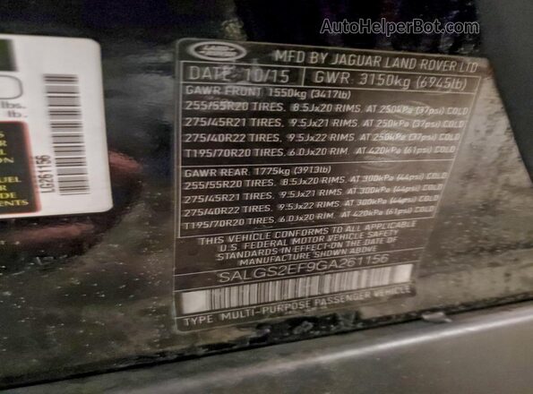 SALGS2EF9GA261156 2016 LAND ROVER RANGE ROVER Черный Вид наклейки с VIN-кодом