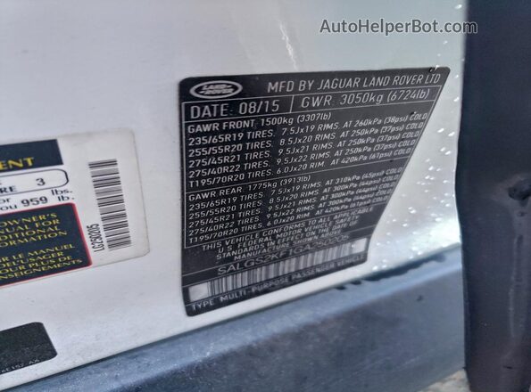 SALGS2KF1GA250205 2016 LAND ROVER RANGE White Vista de la etiqueta del VIN