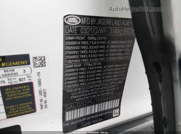 SALGS2RU1MA442577 2021 LAND ROVER RANGE ROVER White Widok komory silnika