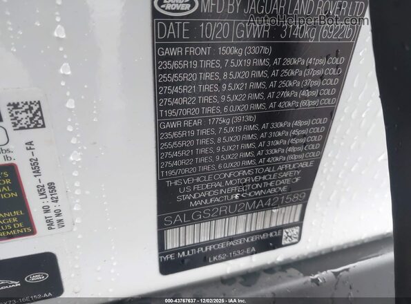 SALGS2RU2MA421589 2021 LAND ROVER RANGE ROVER White Widok komory silnika