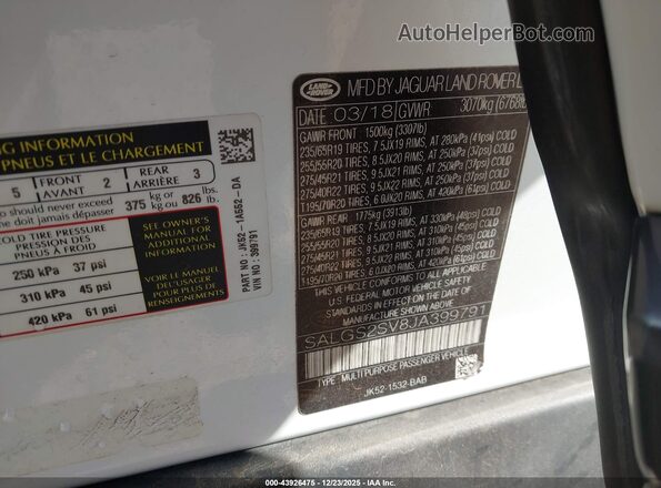 SALGS2SV8JA399791 2018 LAND ROVER RANGE ROVER White ძრავის განყოფილების ხედი