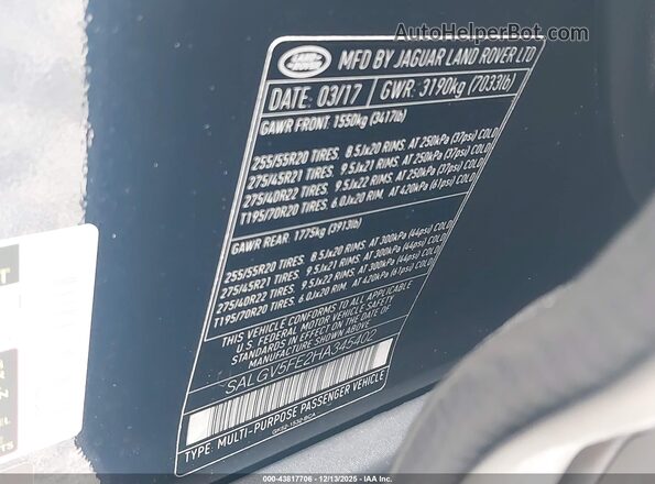 SALGV5FE2HA345402 2017 LAND ROVER RANGE ROVER Blue Vista del compartimento del motor