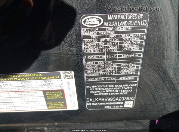 SALKPBE99SA293653 2025 LAND ROVER RANGE ROVER Black Widok komory silnika