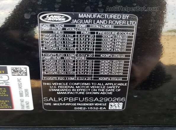 SALKPBFU5SA290266 2025 LAND ROVER RANGE Black Vista de la etiqueta del VIN