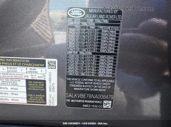 SALKVBE78NA008479 2022 LAND ROVER NEW RANGE ROVER Серый Вид наклейки с VIN-кодом