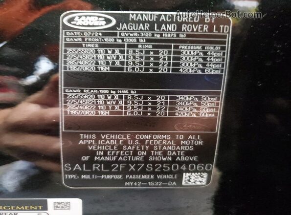 SALRL2FX7S2504060 2025 LAND ROVER DISCOVERY Черный Вид наклейки с VIN-кодом