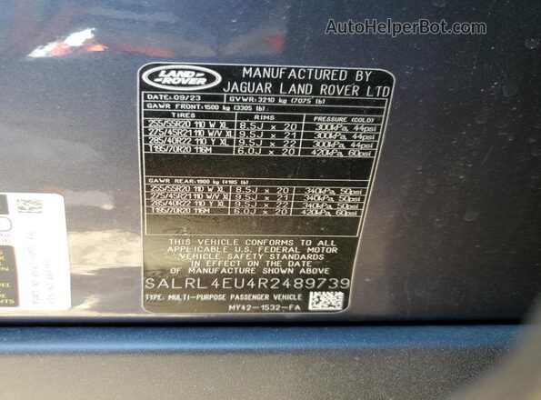 SALRL4EU4R2489739 2024 LAND ROVER DISCOVERY Серый Вид наклейки с VIN-кодом